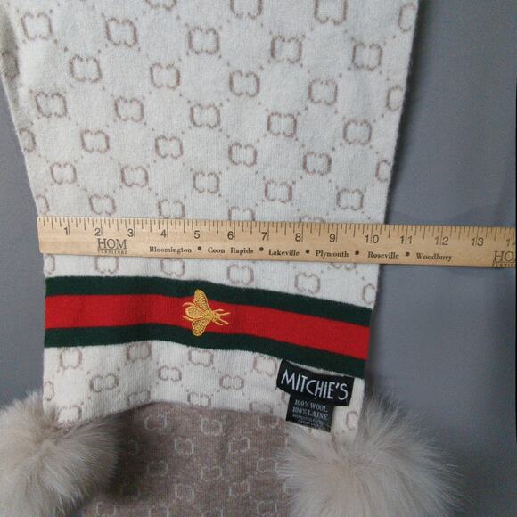 Mitchies Wool Scarf Cream Embroidered Bee Pom Poms Reversible - Picture 5 of 6